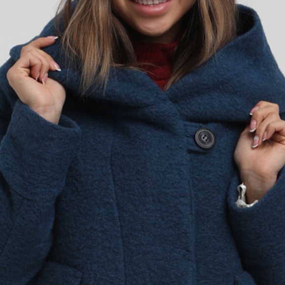 Blue Italian Brushed Wool hooded swing coat - Picture 5 of 7